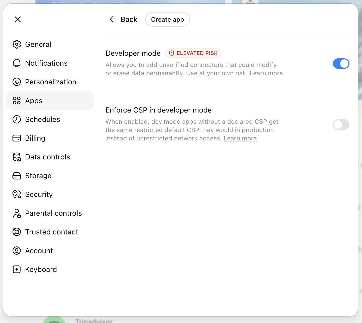 Developer mode in ChatGPT — the “elevated risk” notice is standard for self-added connectors.