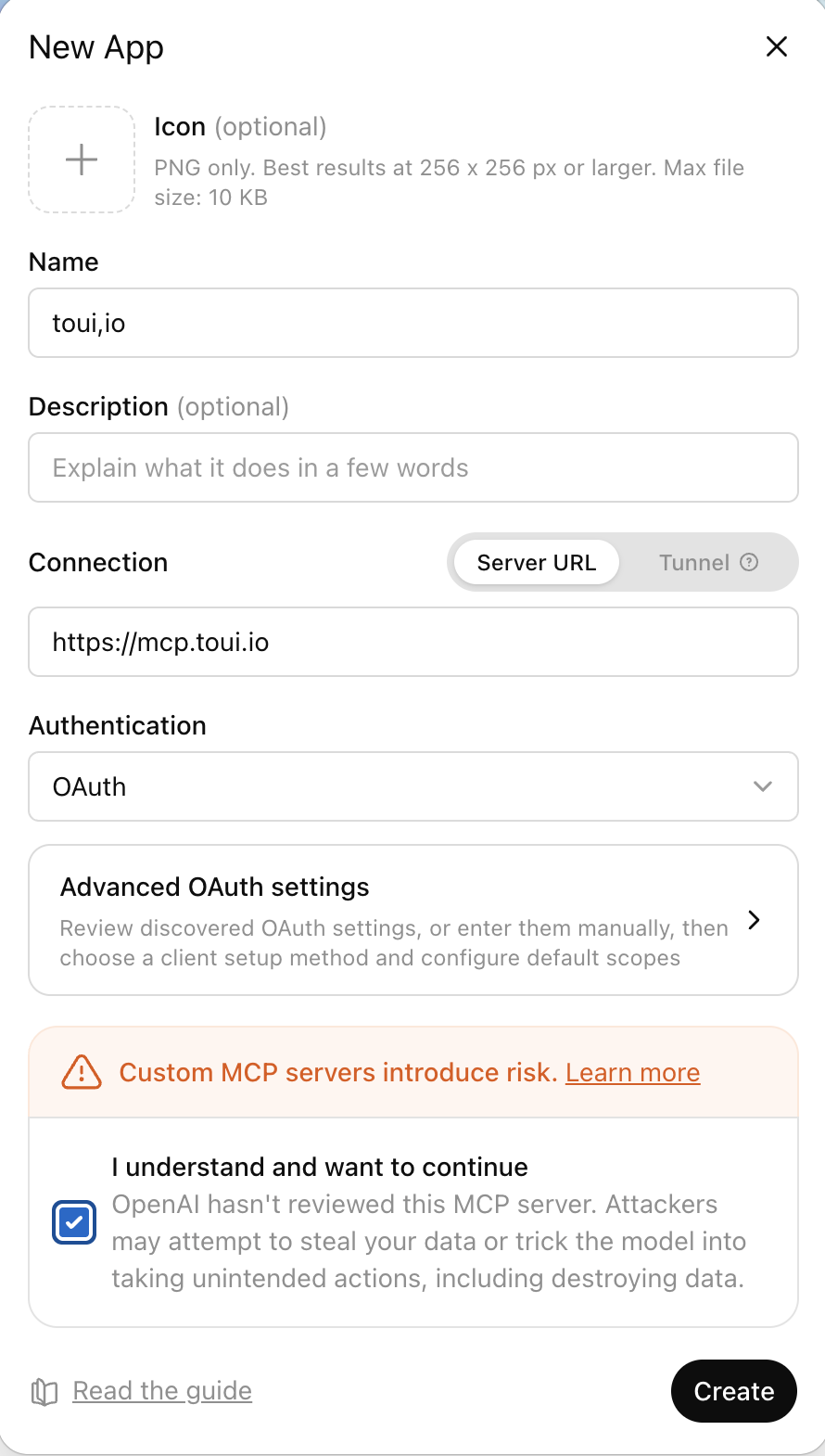 ChatGPT new app dialog with Server URL set to mcp.toui.io and OAuth selected