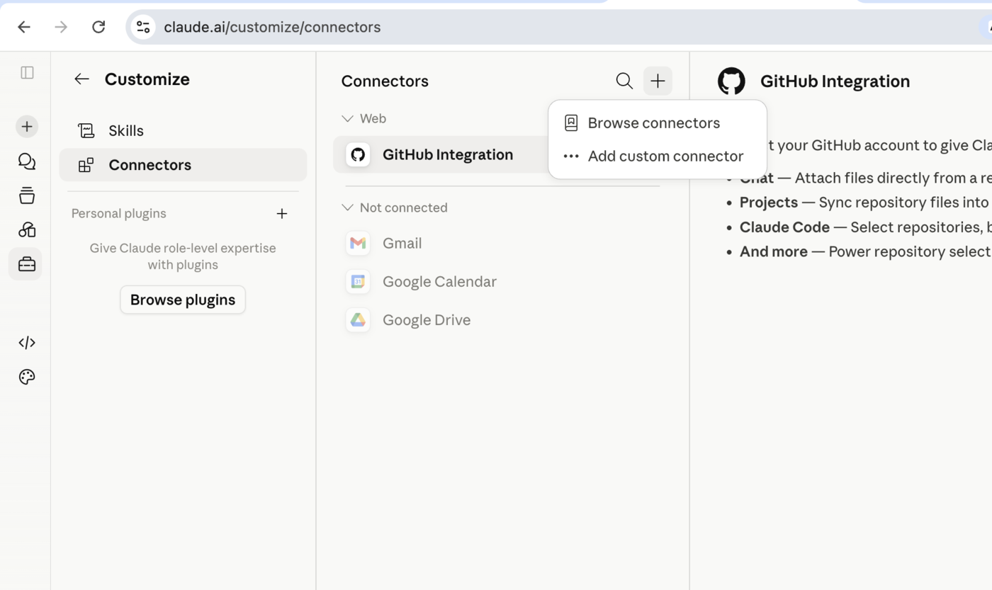The “+” menu in Claude’s Connectors — choose “Add custom connector”.