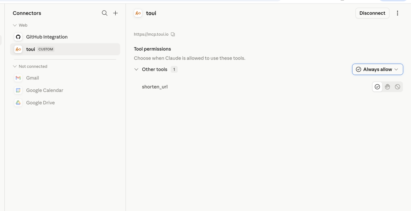 toui connected in Claude — shorten_url set to Always allow.
