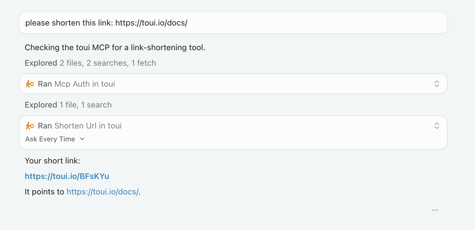 In Cursor: a prompt asking to shorten https://toui.io/docs/, two toui MCP tool calls labeled Ran Mcp Auth in toui and Ran Shorten Url in toui, then the result Your short link: https://toui.io/BFsKYu pointing to https://toui.io/docs/